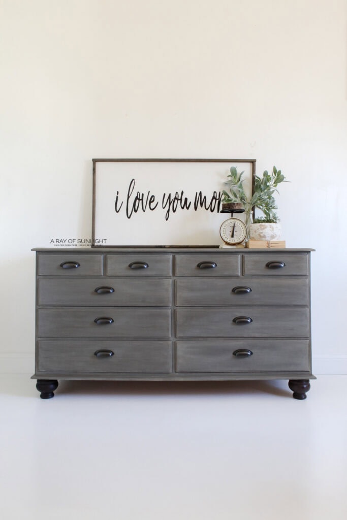 Gray dresser with turned legs