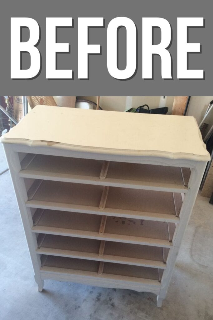 An empty, old white dresser without drawers, labeled BEFORE at the top.