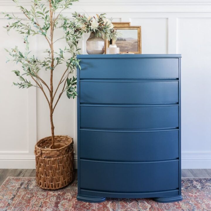 Blue dresser with curved drawers beside a potted plant