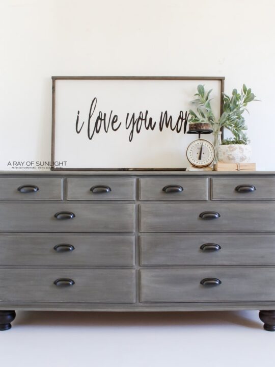 grey chalk paint dresser DIY Farmhouse Makeover light grey chalk paint dresser