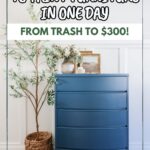A blue dresser with decor on top sits by a plant