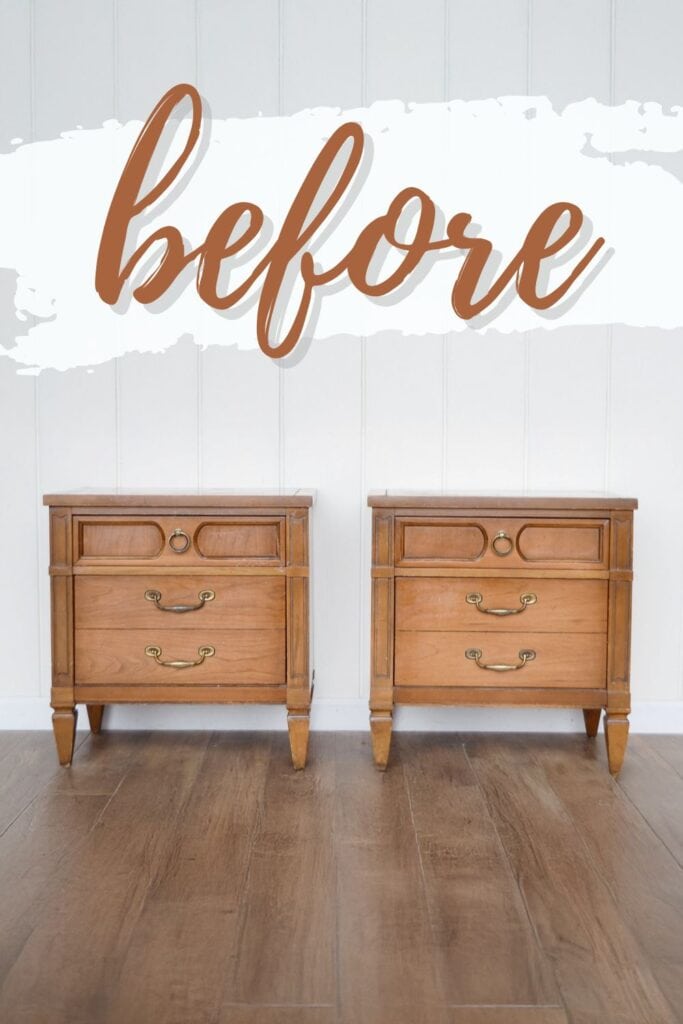 Two wooden nightstands on a wood floor with “before” written above them in large script font.