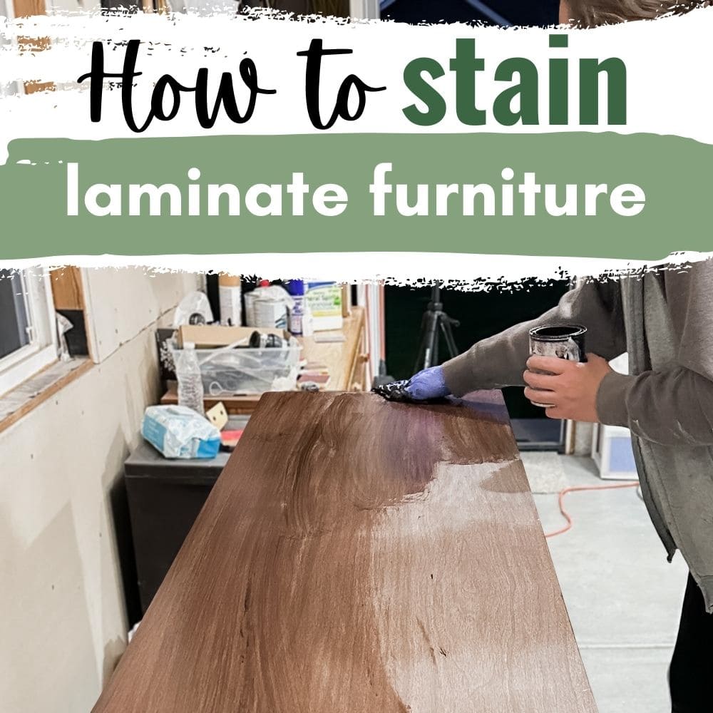 Person applying stain to laminate furniture with text overlay: How to stain laminate furniture.