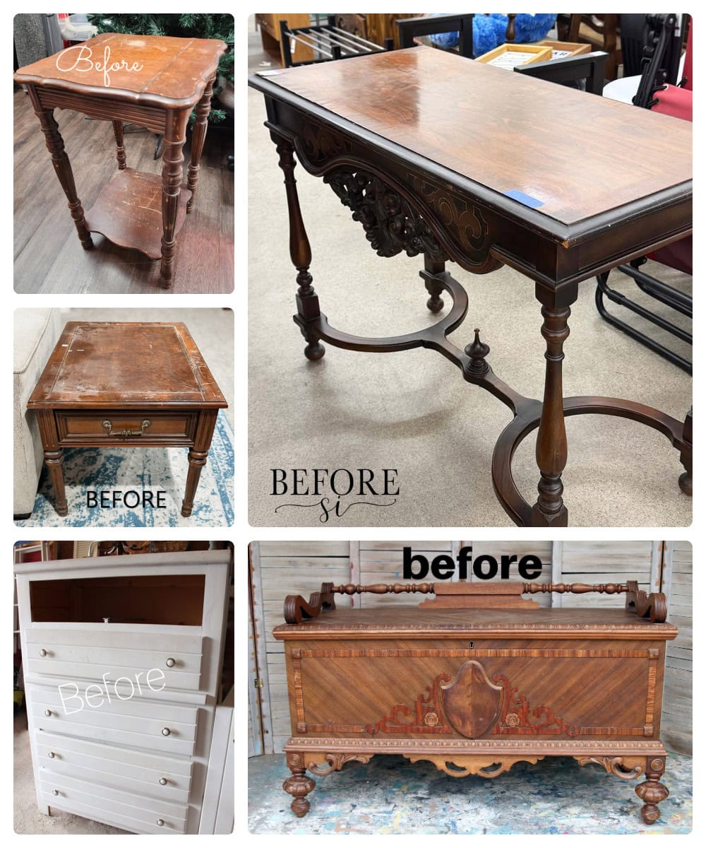 Collage of vintage wooden furniture pieces labeled before, showing worn surfaces and faded finishes.