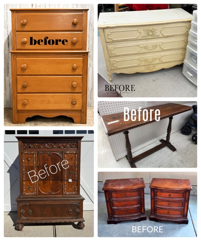 Collage of outdated dressers, desk, and matching nightstands before getting a fresh makeover
