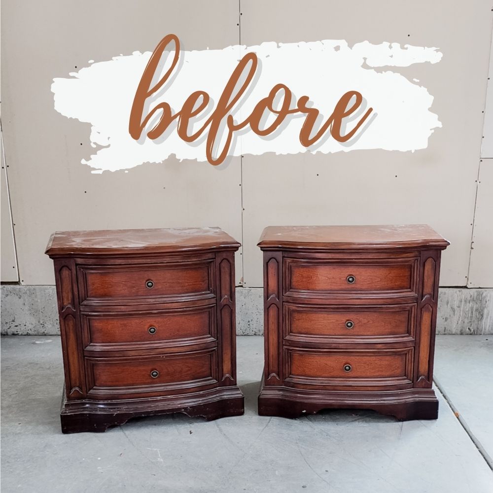 Two vintage wooden nightstands with three drawers each, labeled before against a plain background.