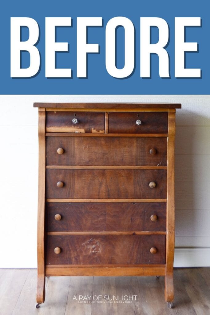 An old wooden dresser with scratches, labeled BEFORE at the top.