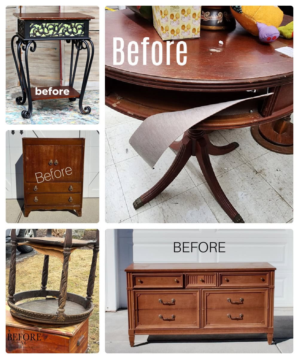 Collage of five old wooden furniture pieces labeled “before"