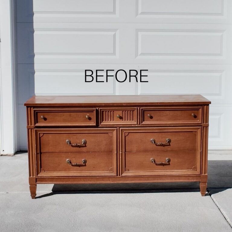 A wooden dresser with brass handles labeled BEFORE on top