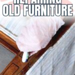 A gloved hand repairs old furniture, with text reading DIY Tips for Repairing Old Furniture.