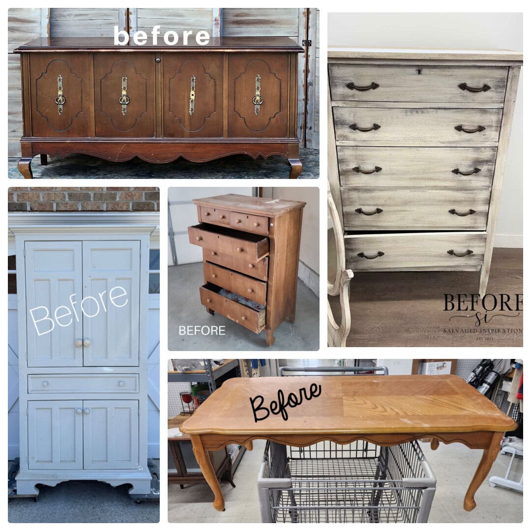 Five “before” photos of various old wooden furniture pieces, including dressers, a cabinet, and a table.