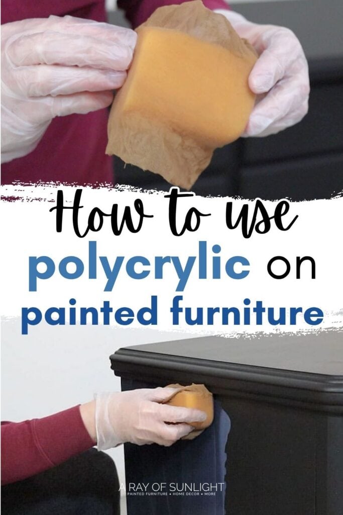 A person applies polycrylic to painted furniture with a sponge while wearing gloves.