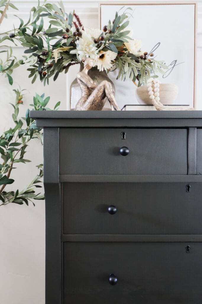 Closeup of drawers with black knobs