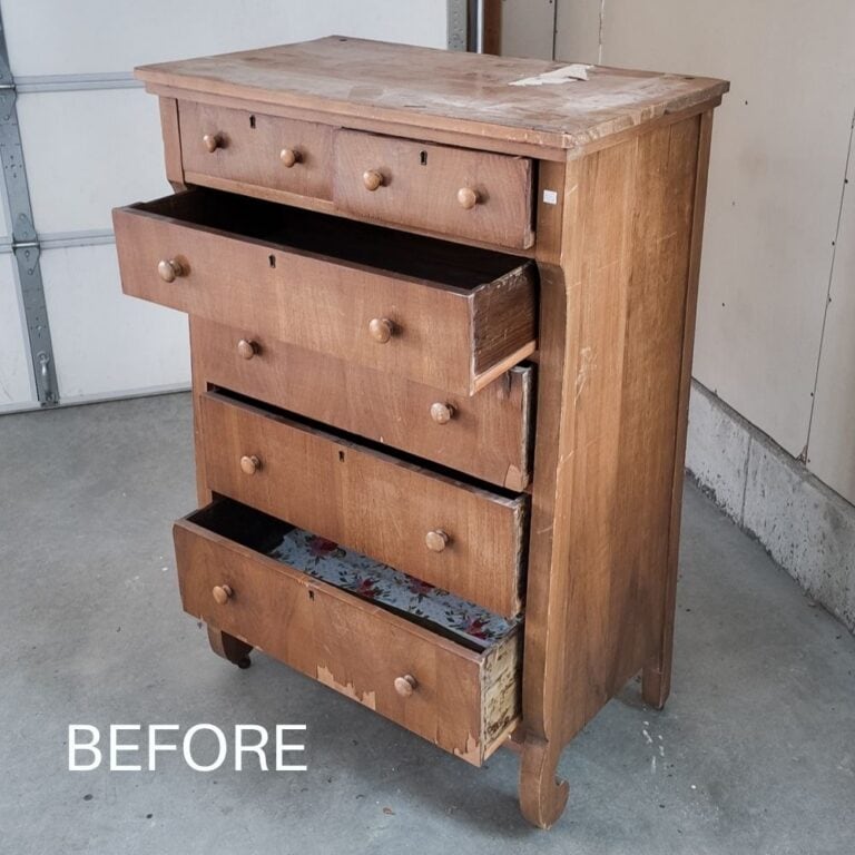 Old wooden dresser with several drawers open, worn surfaces, and the word BEFORE in the corner.