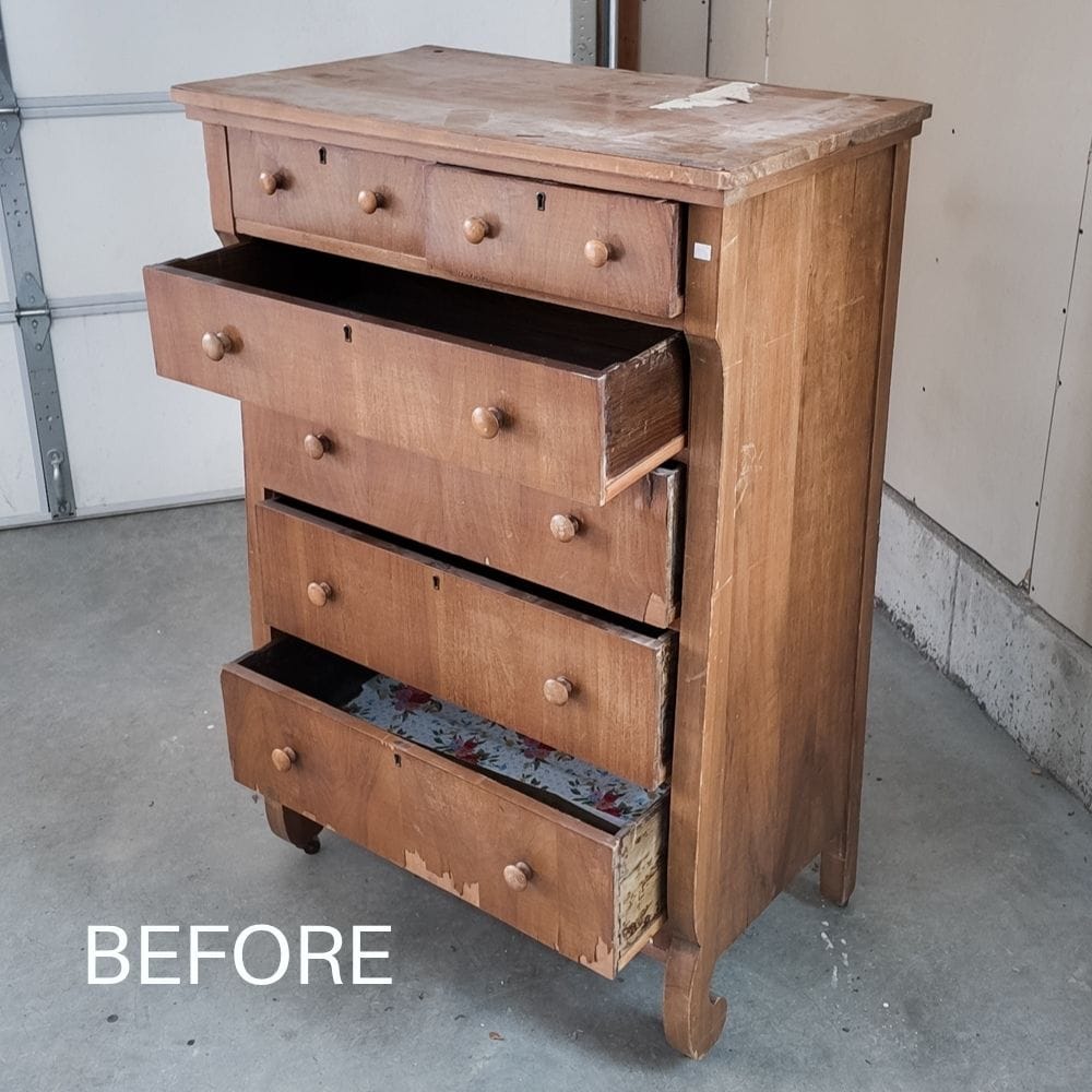 Old wooden dresser with several drawers open, worn surfaces, and the word BEFORE in the corner.