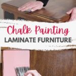 Two hands sanding a wood surface and painting it pink with a brush