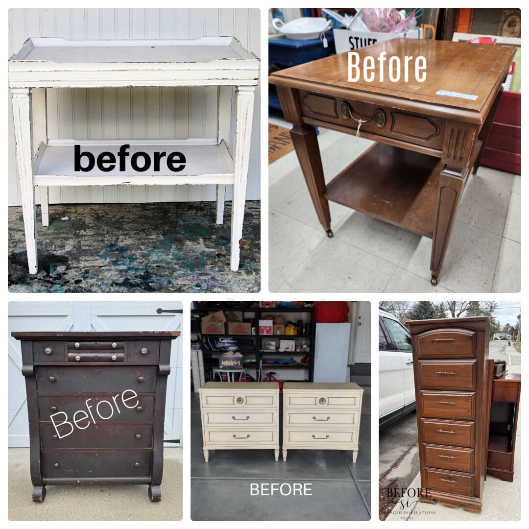 A collage of five different wooden furniture pieces labeled before, showing them in worn or unfinished condition.