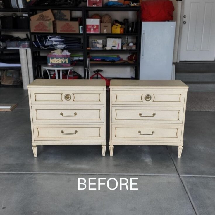 Two yellow nightstands with drawers in a garage, labeled BEFORE at the bottom of the image.