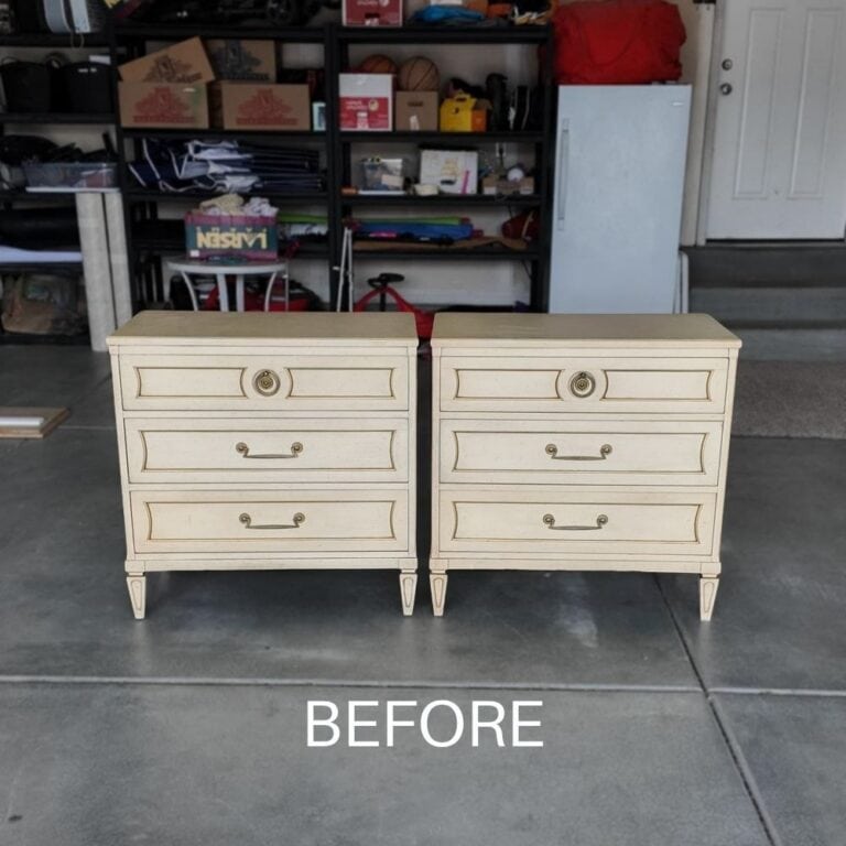 Two yellow nightstands with drawers in a garage, labeled BEFORE at the bottom of the image.