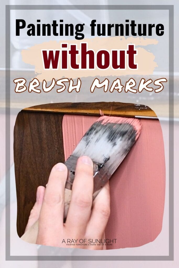 Hand painting pink paint on wood furniture with a brush; text reads Painting furniture without brush marks.