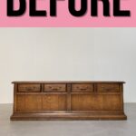 A long wooden dresser with drawers, labeled BEFORE on a pink background at the top.