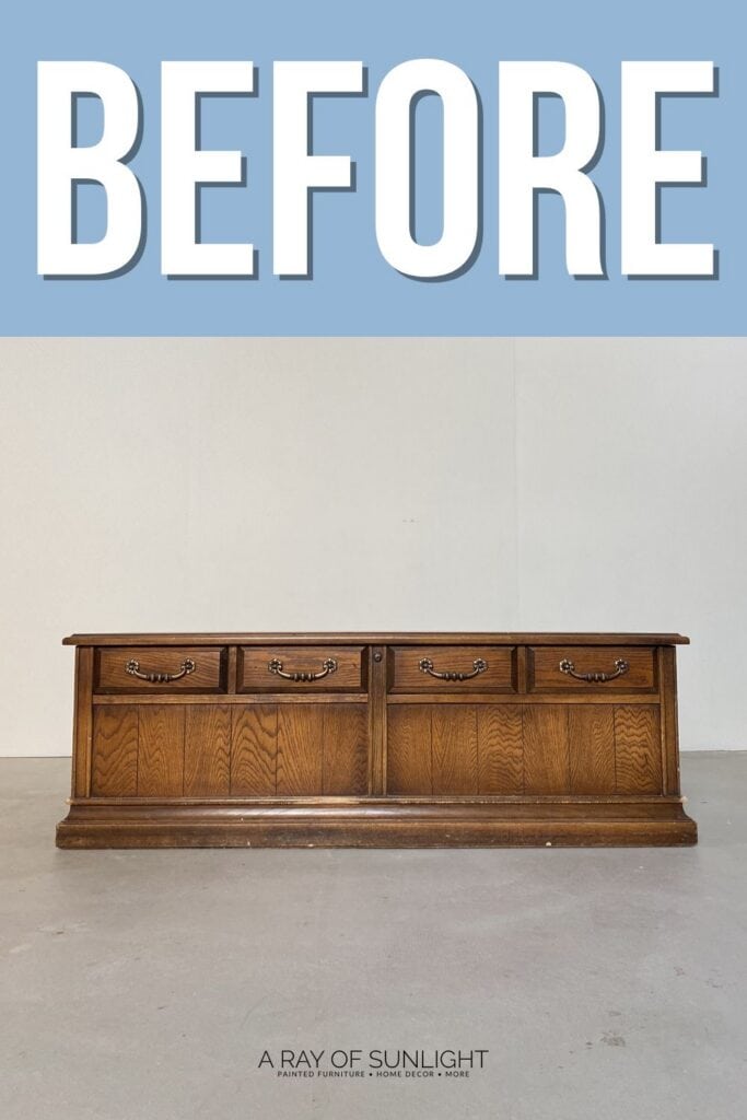 A long wooden dresser with four drawers sits against a plain light wall, labeled BEFORE at the top.