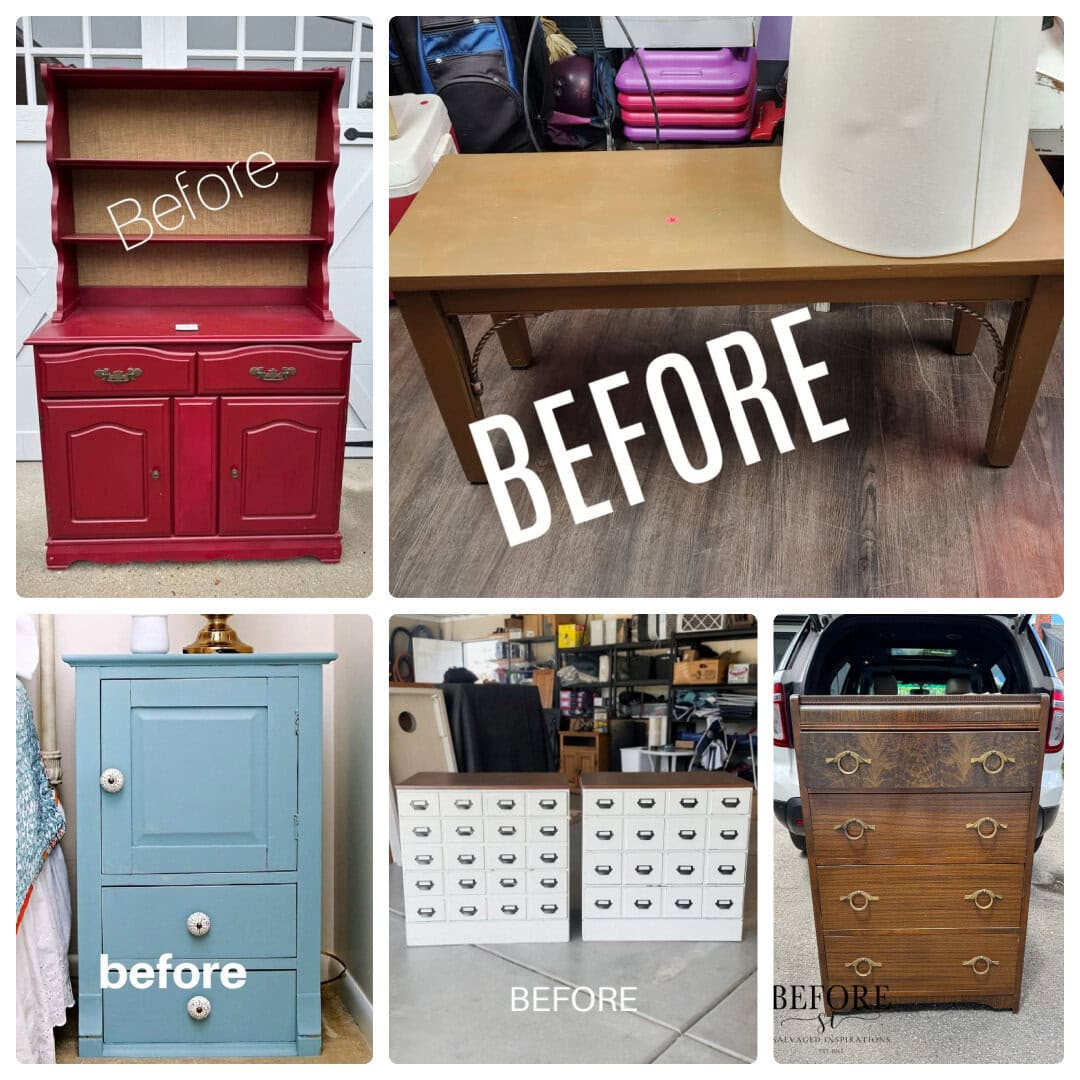 collage of before furniture makeovers