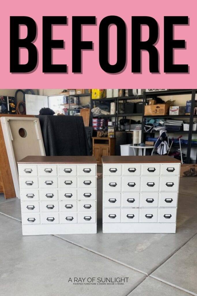 Two white drawer cabinets in a garage, with BEFORE in large black letters above them.