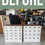 Two white vintage drawer cabinets in a garage, labeled BEFORE at the top