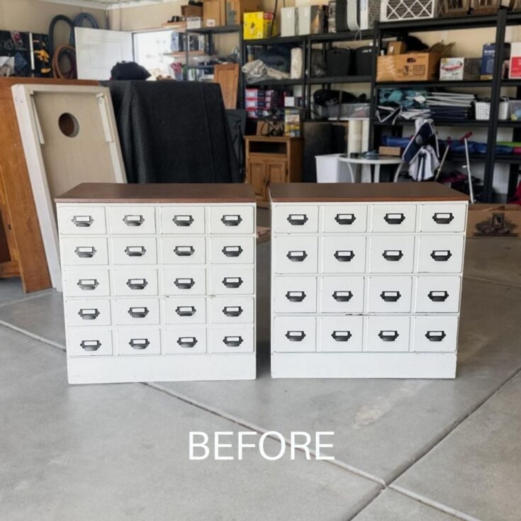 Two white vintage filing cabinets with multiple drawers in a garage, labeled BEFORE at the bottom.