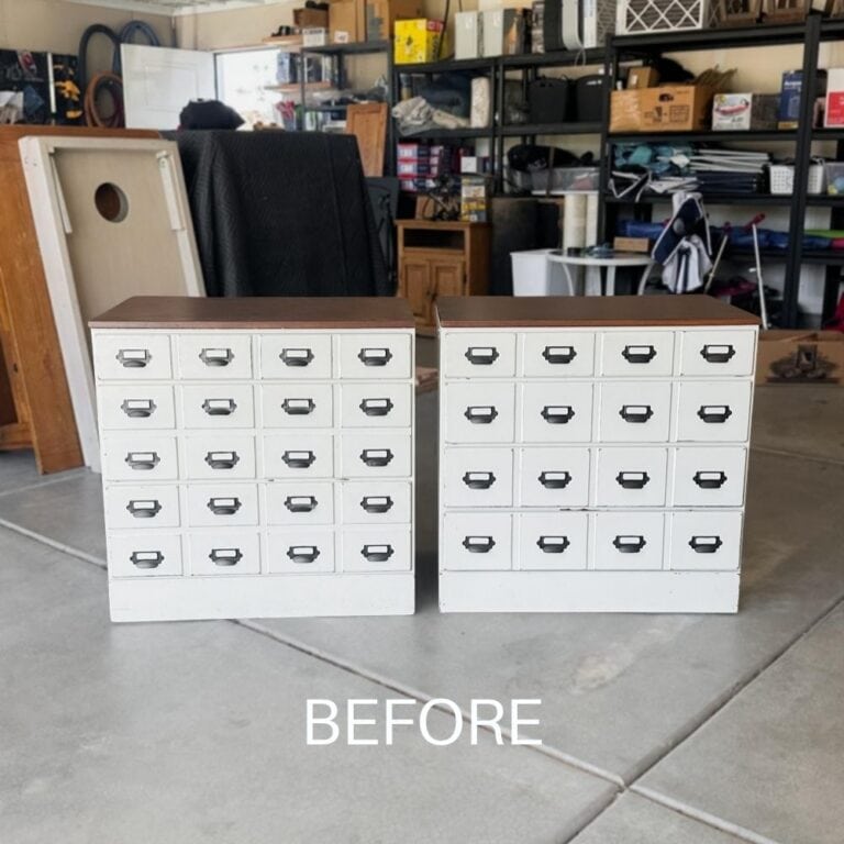 Two white vintage filing cabinets with multiple drawers in a garage, labeled BEFORE at the bottom.