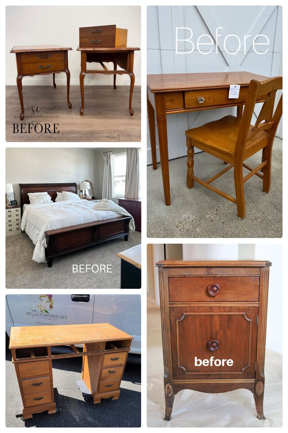 Five before photos show unfinished wooden furniture, including desks, tables, and a bed in various rooms.