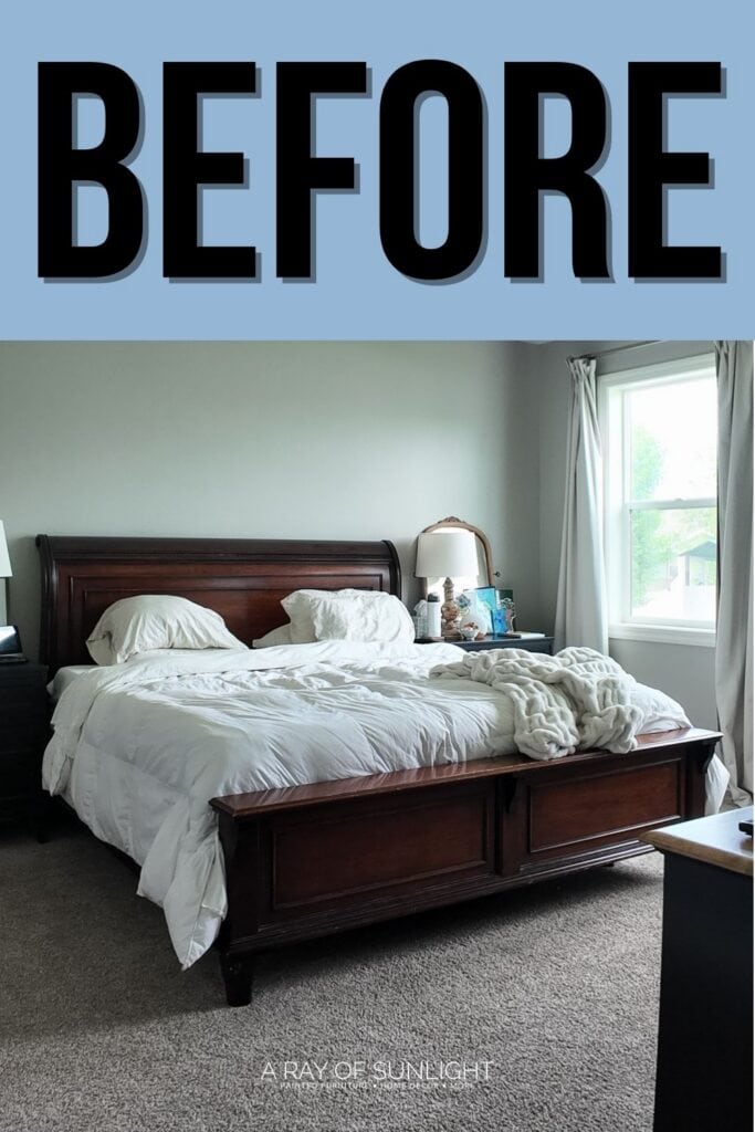 A bedroom with a wooden bed frame, white bedding, nightstand, lamp, and window, labeled BEFORE on top.