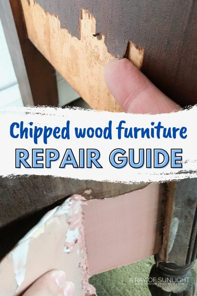 A person repairs chipped wood furniture using filler, with text overlay reading Chipped wood furniture repair guide.