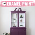Purple china cabinet with white shelves, small decor pieces, and text about painting with enamel paint.