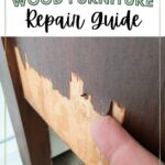 A finger points at peeling veneer on dark wood furniture below text reading Chipped Wood Furniture Repair Guide.