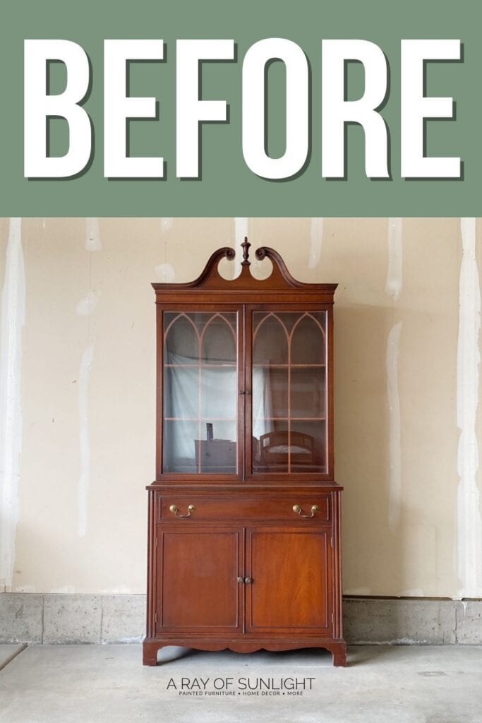 A vintage wooden hutch in a garage, labeled BEFORE at the top with a green background.