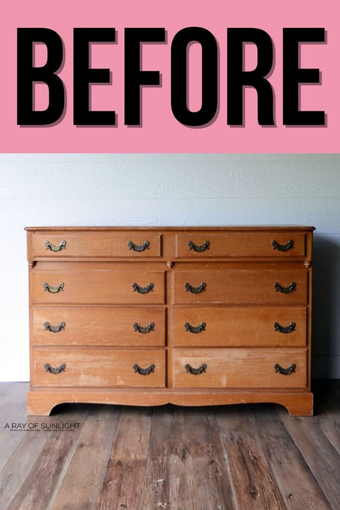 A worn wooden dresser with eight drawers sits on a wooden floor, labeled BEFORE in bold text.