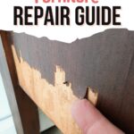 Finger points to chipped veneer on wooden furniture; text reads Chipped Wood Furniture Repair Guide.