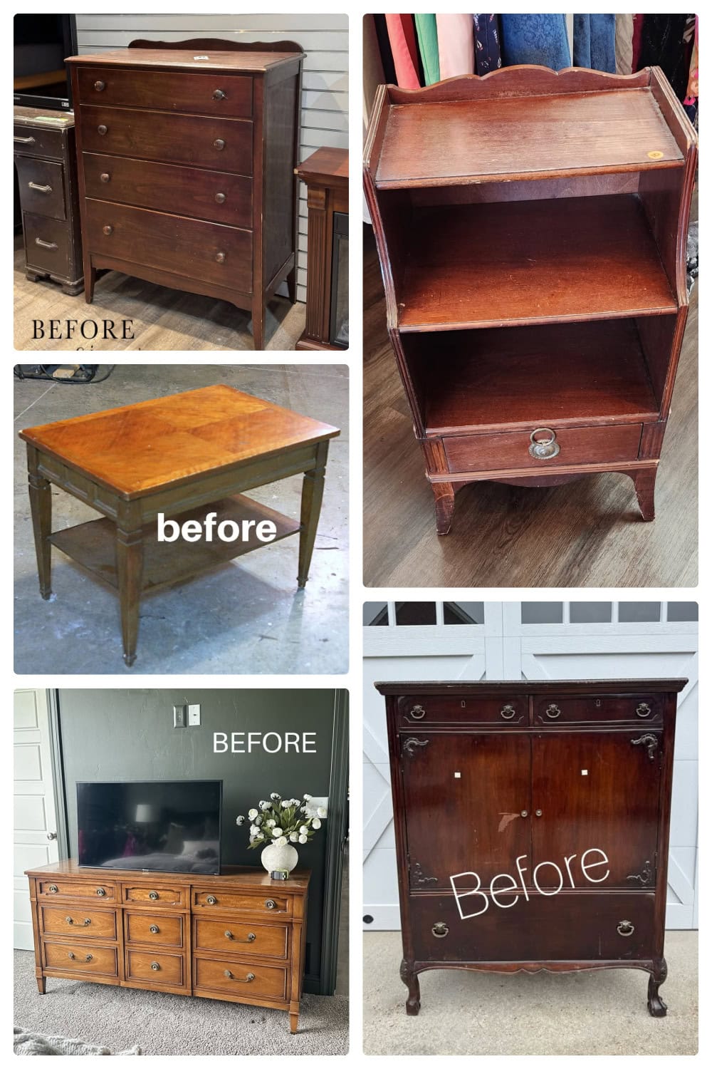 Collage of five vintage wooden furniture pieces labeled Before, including dressers, a table, and a cabinet.