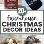 Collage of farmhouse Christmas decor ideas, including ornaments, signs, and a wreath with Happy Holidays.