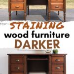 Before and after of a wooden desk, showing it lighter in color before and darker after staining.