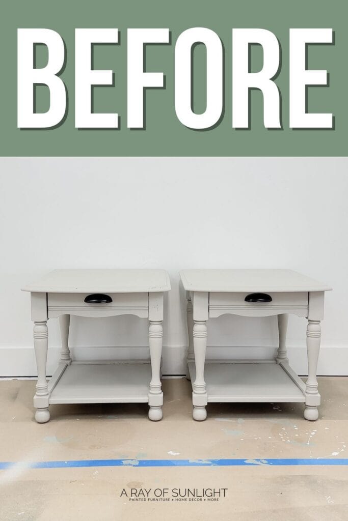 Two identical grey nightstands with drawers, on a paint splattered floor, under a BEFORE sign.