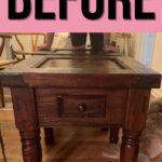 Brown wooden table with drawer, with large BEFORE text at the top on pink background.