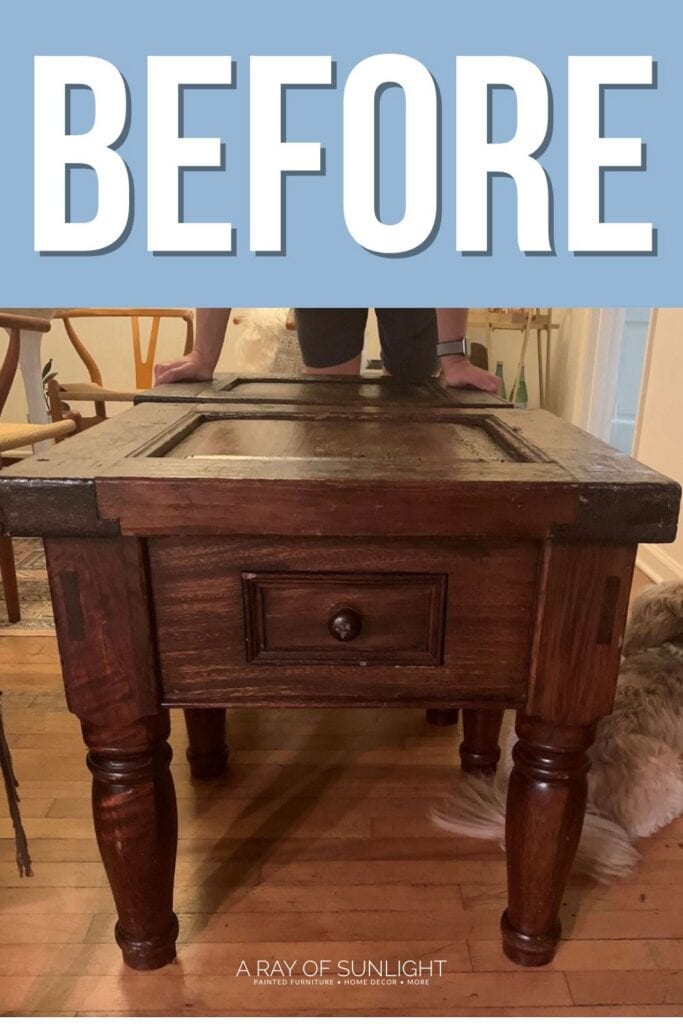 A distressed wooden end table with a single drawer, labeled BEFORE at the top.