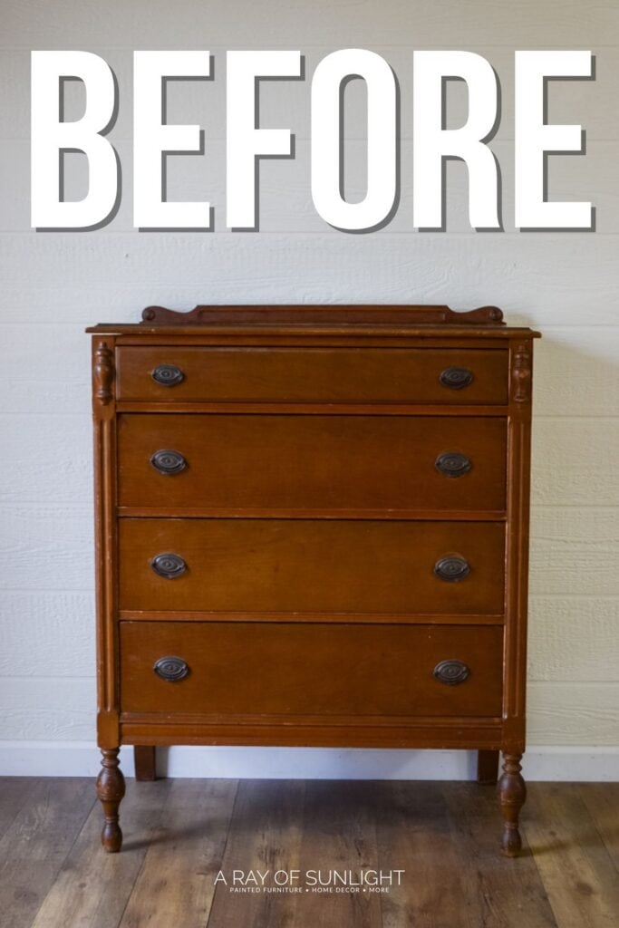 A vintage wooden dresser with four drawers and ornate handles, labeled BEFORE at the top.