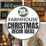 Collage of farmhouse-style Christmas decor, including wooden signs, trees, and a rustic Christmas tree craft.