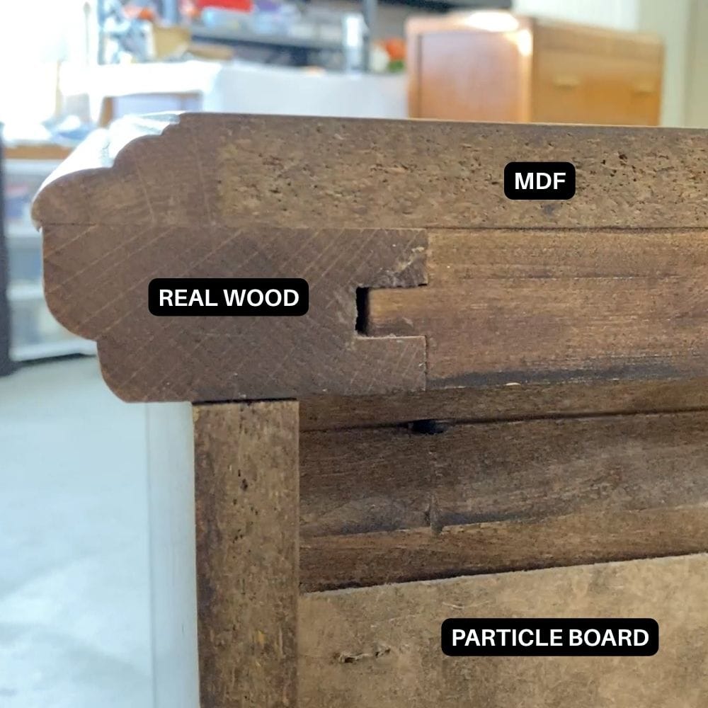 photo showing 3 kinds of materials to build the dresser with text labels