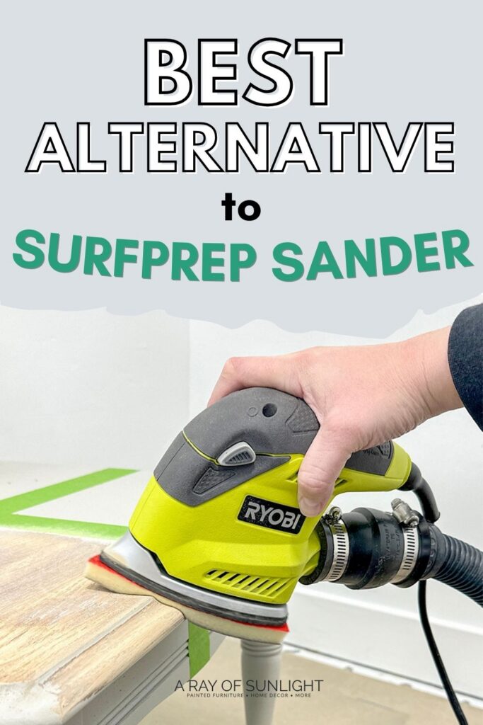 Hand using a Ryobi sander on wood with text: Best Alternative to Surfprep Sander