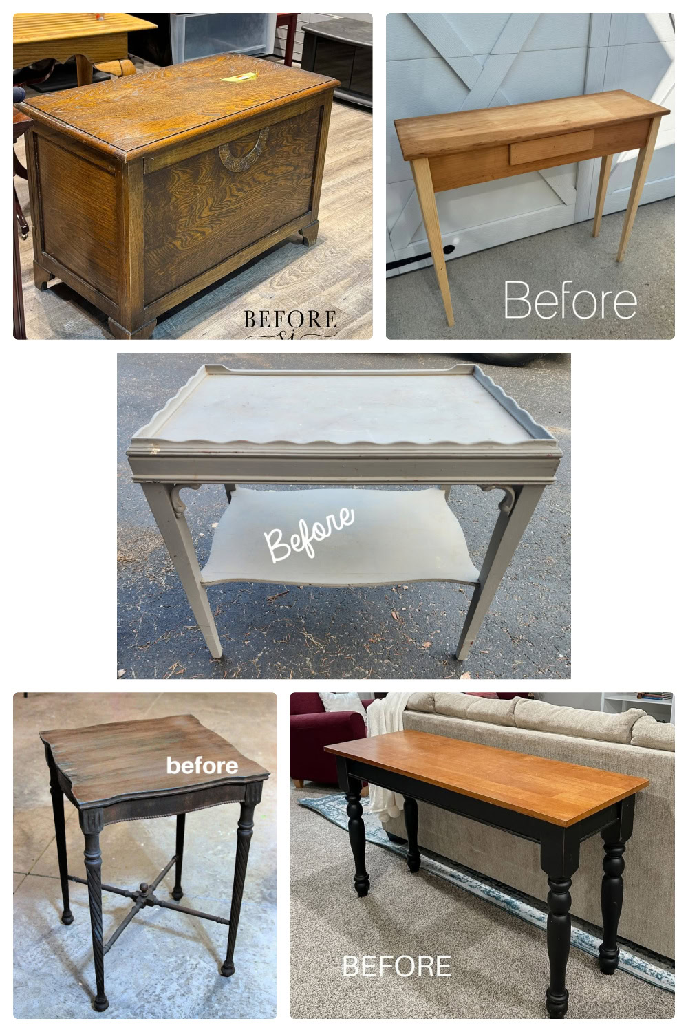 Five wooden tables pictured before refinishing, each with different styles, colors, and visible wear.